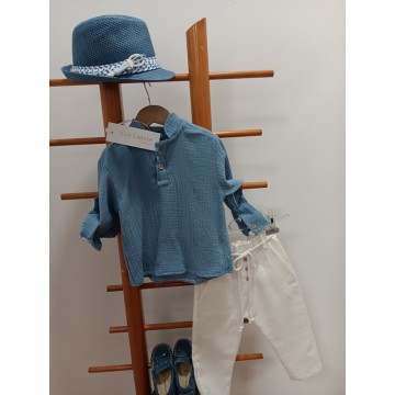 Guy Laroshe Σετ βάπτισης Σιέλ Πουκάμισο με Λευκό Παντελόνι 